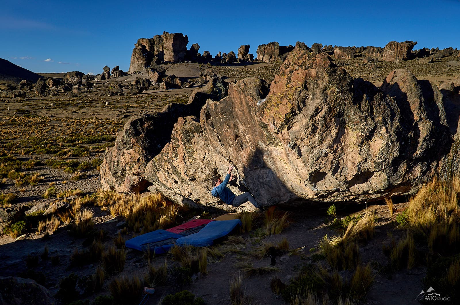 bouldering on Imata stone forest during group climbing tour offered by Climbing rooftop and PeruClimb in Colca Canyon Coporaque Peru