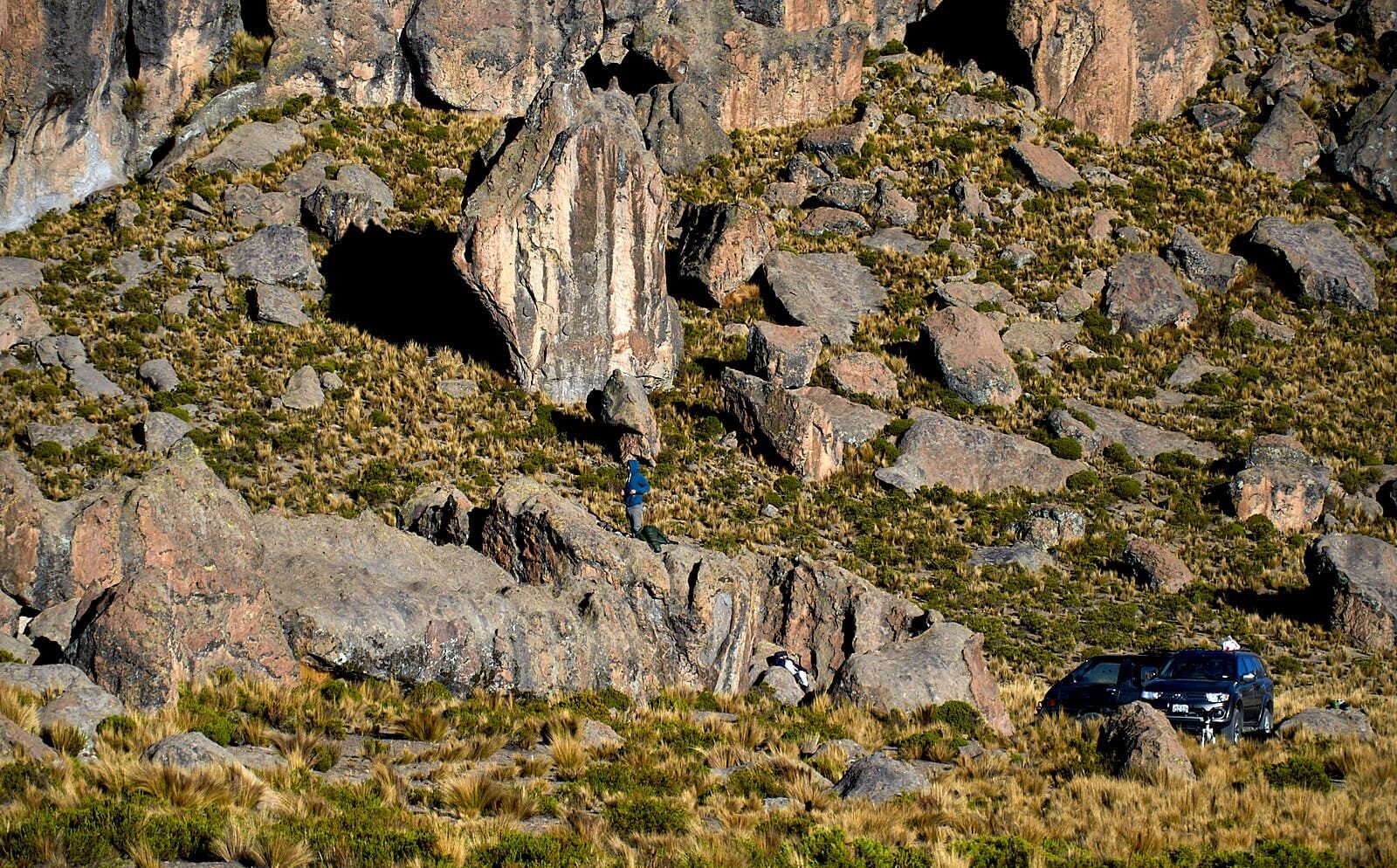 bouldering on Imata stone forest during group climbing tour offered by Climbing rooftop and PeruClimb in Colca Canyon Coporaque Peru