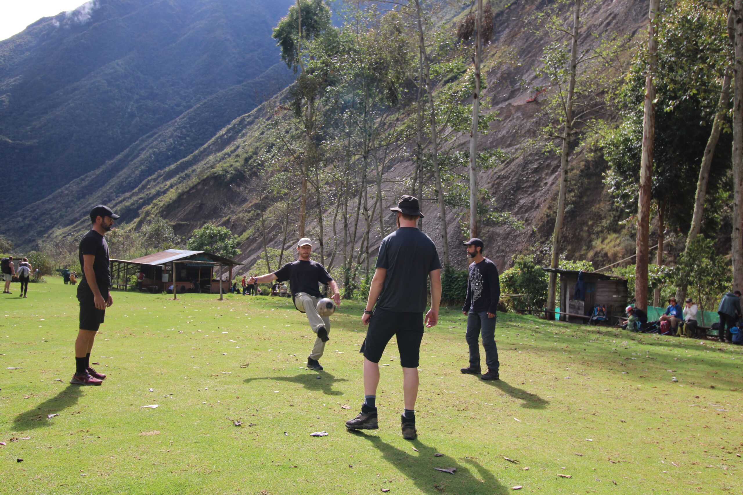 mountains landscape and hikers during Salkantay trekking after Rock climbing tour to Macchu Picchu with Alejandro Cornejo operate by sky viajes and Peru climb