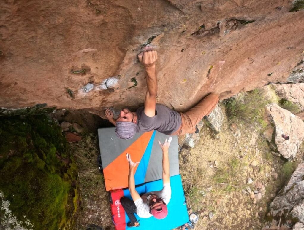 bouldering on Imata stone forest during group climbing tour offered by Climbing rooftop and PeruClimb in Colca Canyon Coporaque Peru