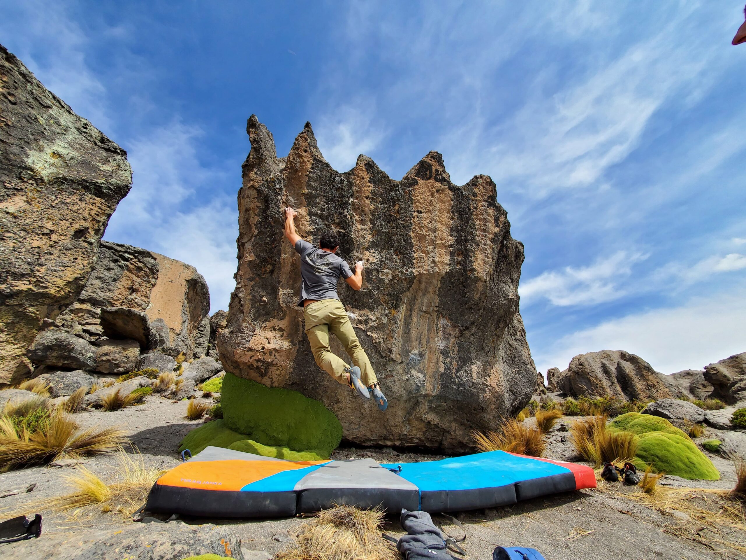 bouldering on Imata stone forest during group climbing tour offered by Climbing rooftop and PeruClimb in Colca Canyon Coporaque Peru
