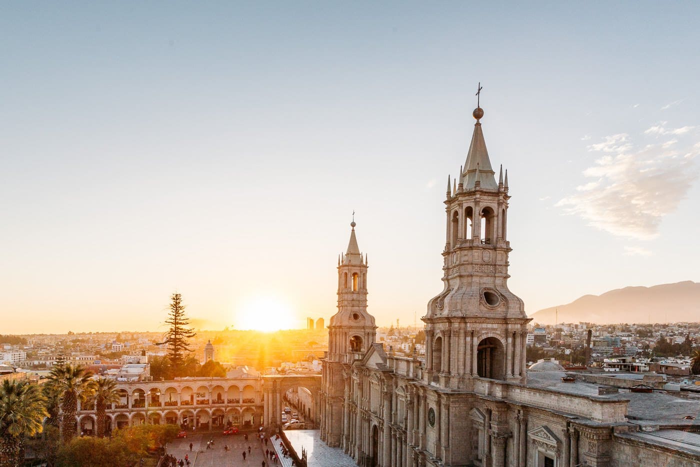 Main square of Arequipa Peru and sunset in the background