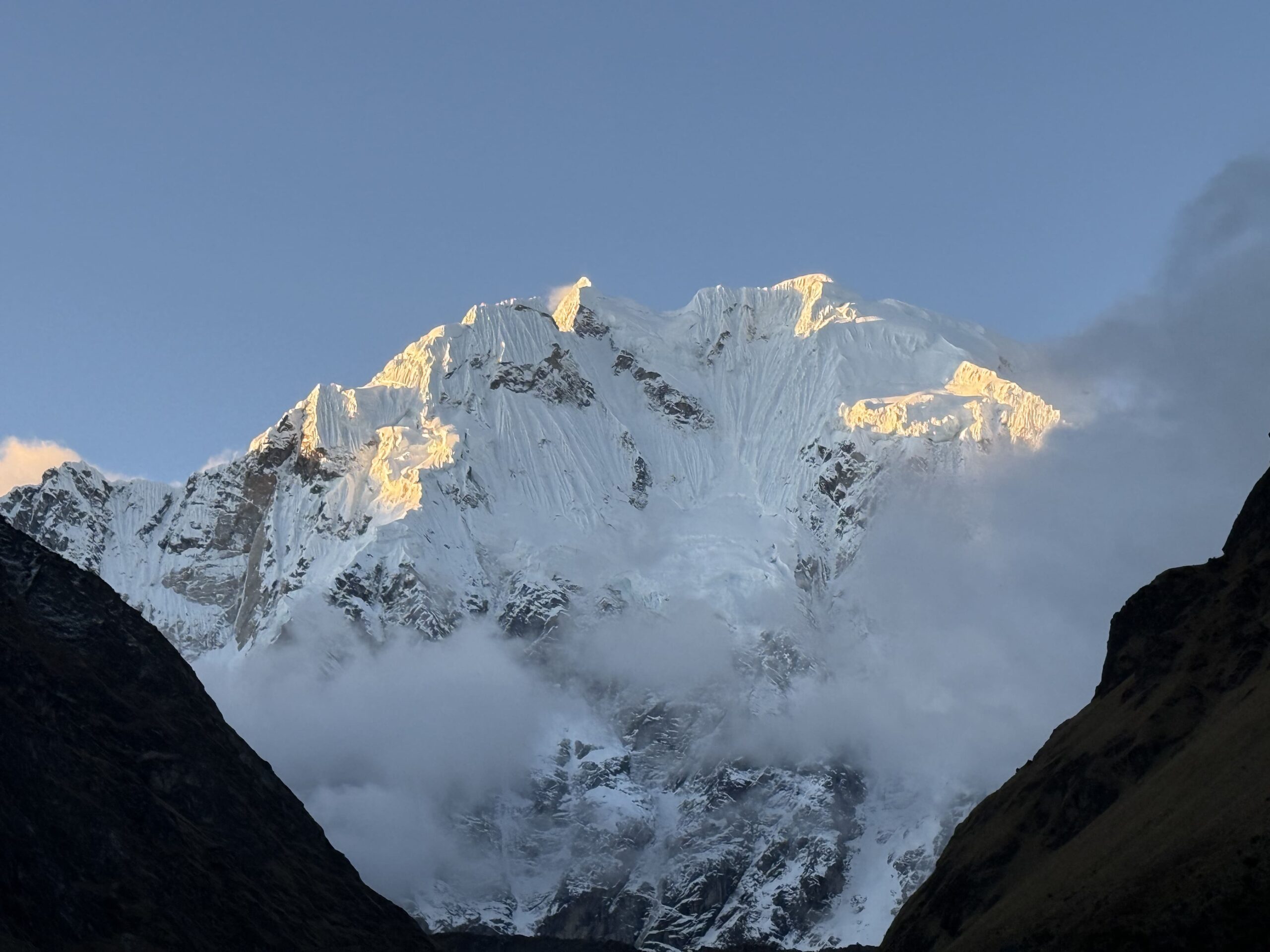 Salkantay snowy mountain during Salkantay trekking during Rock climbing tour to Macchu Picchu with Alejandro Cornejo operate by sky viajes and Peru climb